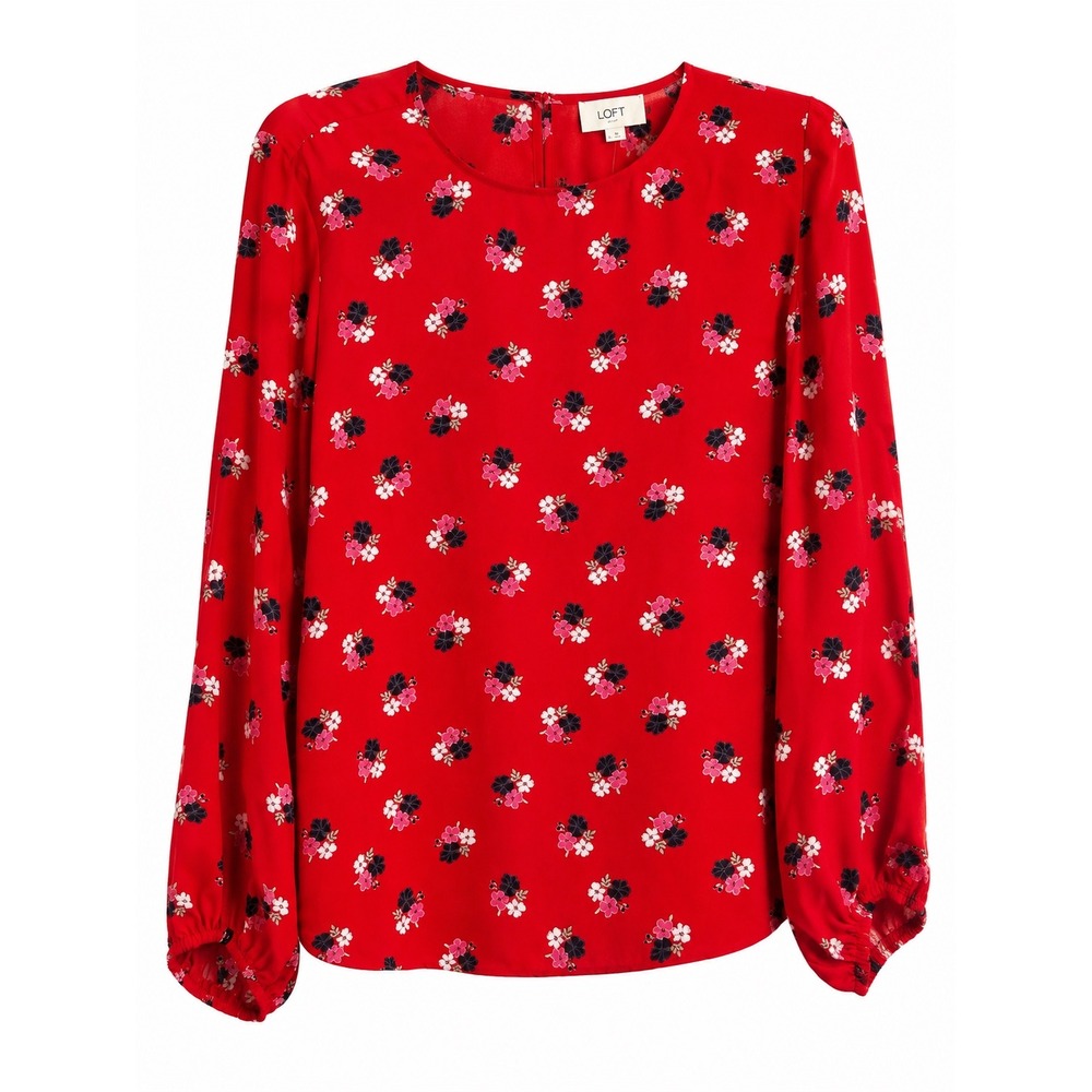 NWT LOFT Red Floral Long Sleeve Blouse tunic top Size Small Lightweight Career